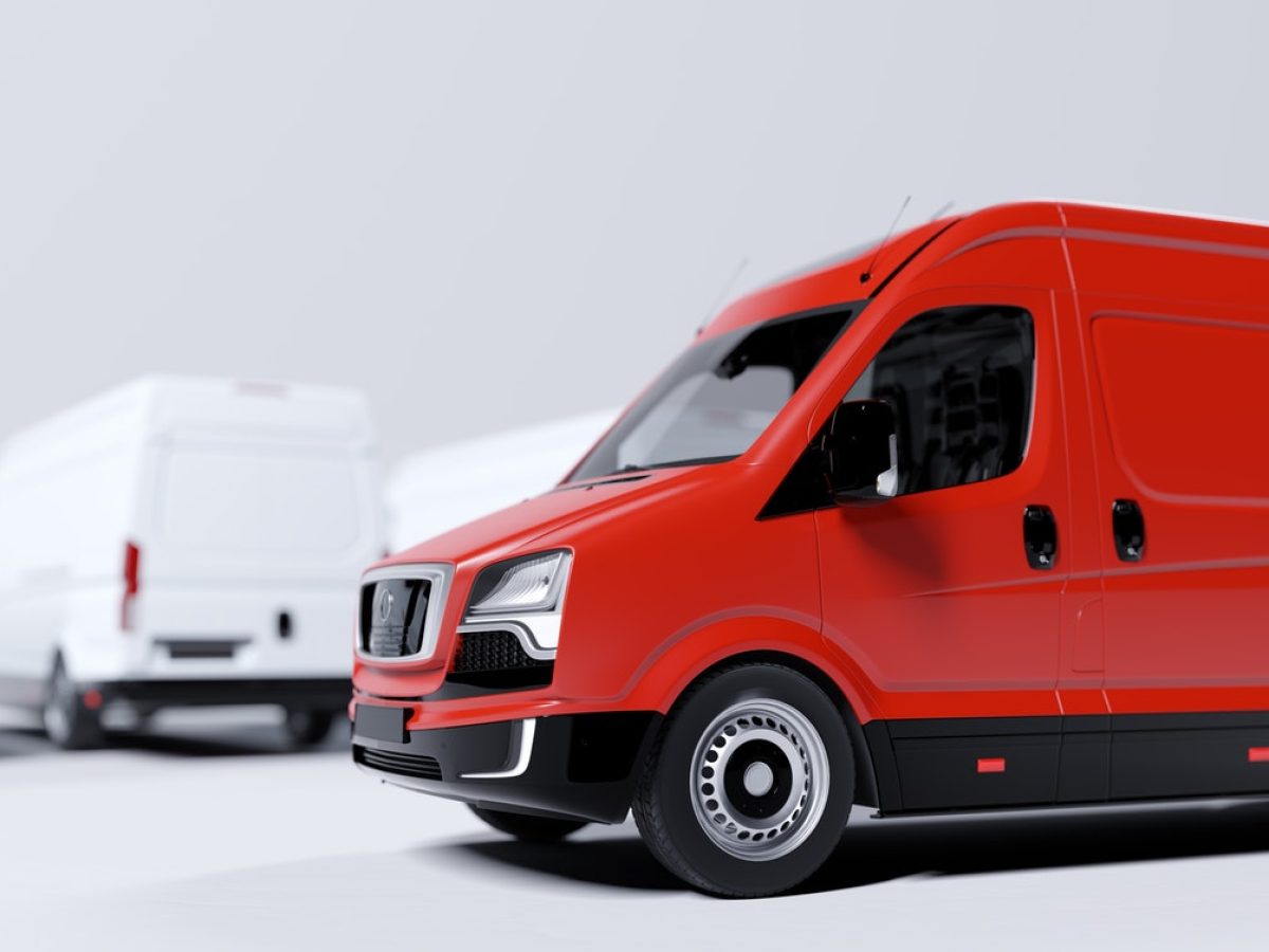 Red commercial van and fleet of white trucks. Transport. Transport and shipping